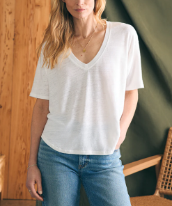 FAHERTY–womens linen v neck tee-WKS2403 2