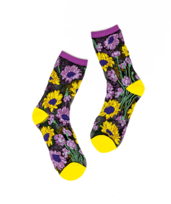 SOCK CANDY-sock-womens mixed sunflowers black sheer sock-SS23-6 2